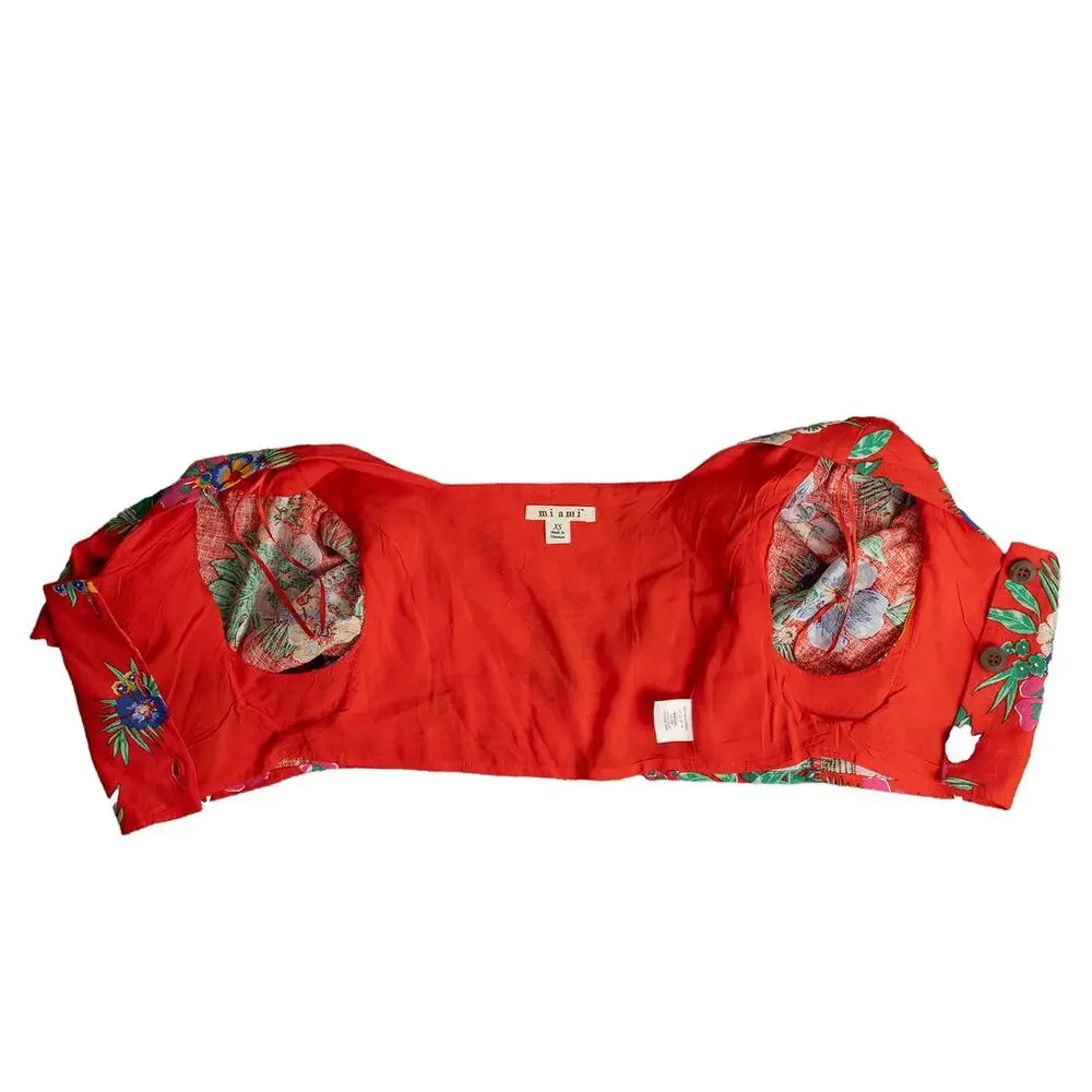 Francescas Miami Red Linen Floral Button-Up Cropped Tropical Hibiscus Resortwear - Picture 3 of 11